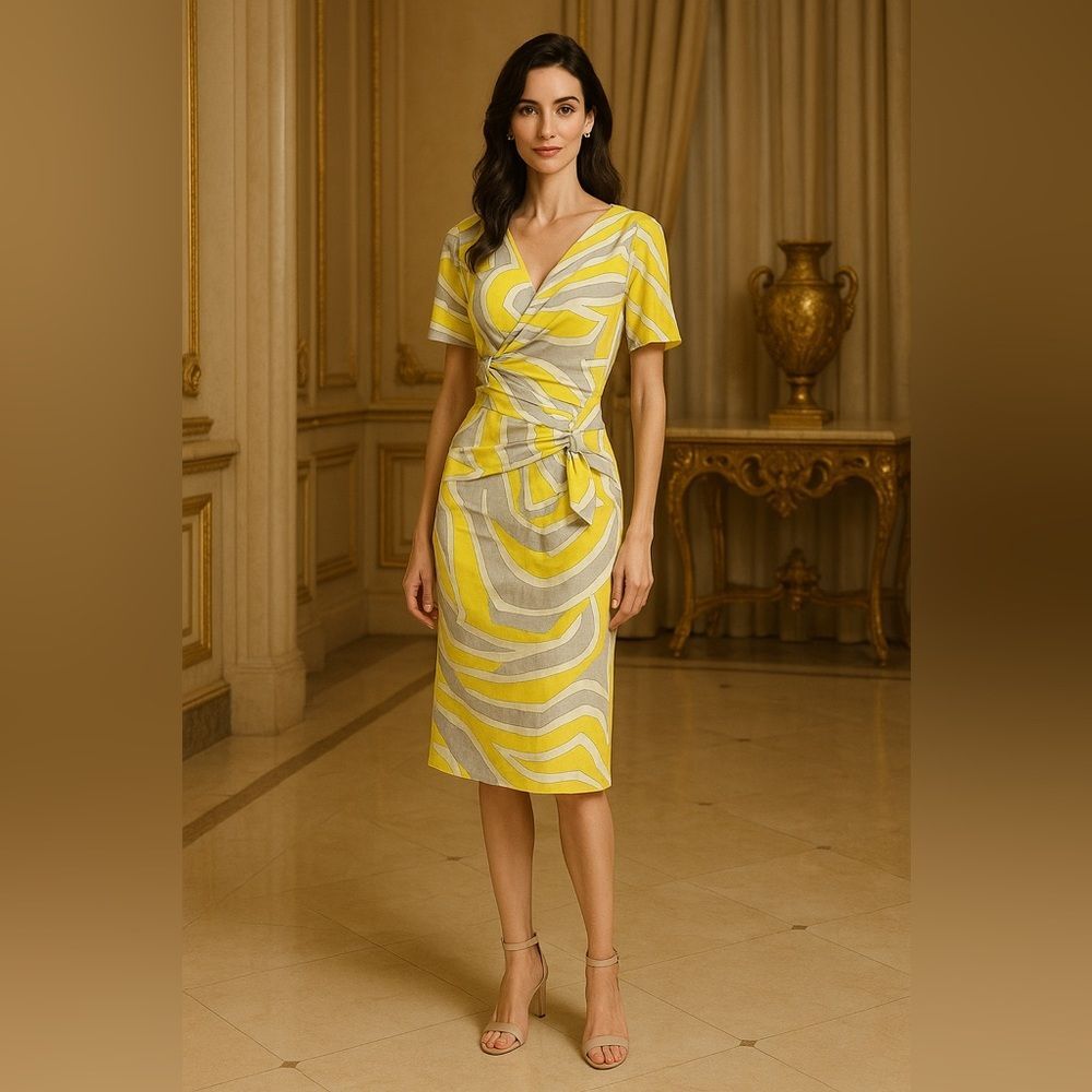 Emilio Pucci Archivio Wrap Dress Made in Italy 4 Yellow Gray White Swirl Sz 4